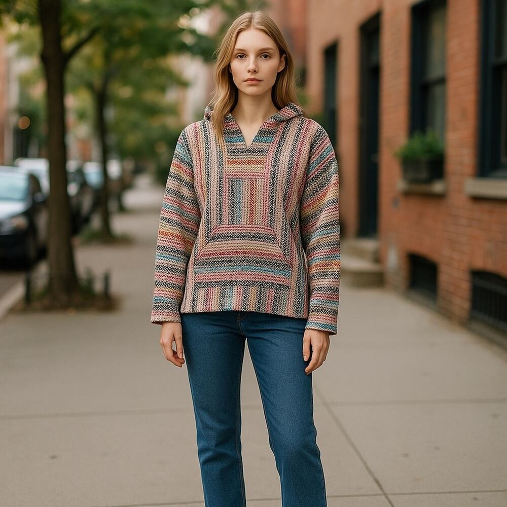 Tan and Pink Striped Sweatshirt Baja Style Mexican Poncho‎ Hoodie Drug Rug